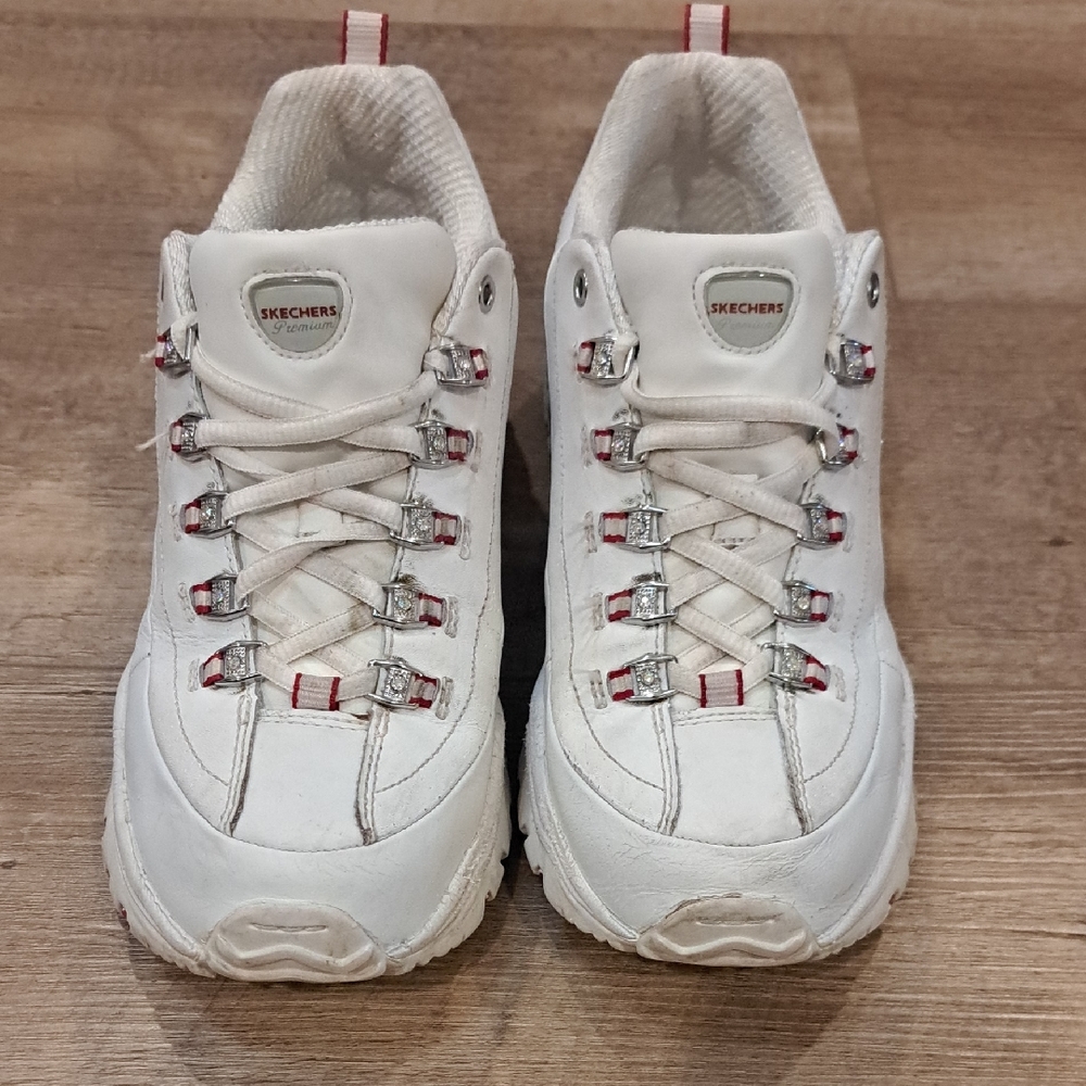 Skechers Women's Premium White Sneakers with Silver and Red Details